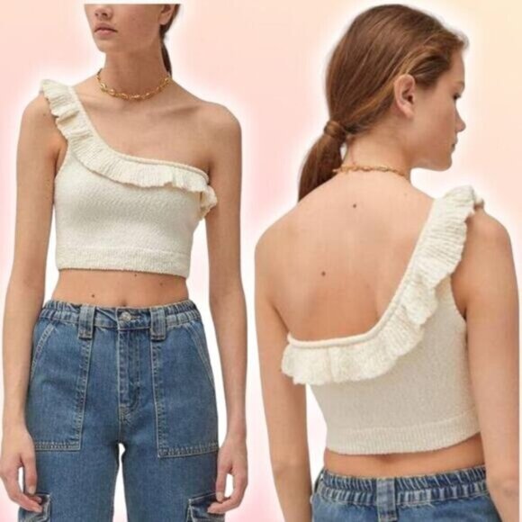 URBAN OUTFITTERS Molly One-shoulder Ruffle Cropped Top Sz Medium Ivory - Picture 1 of 5